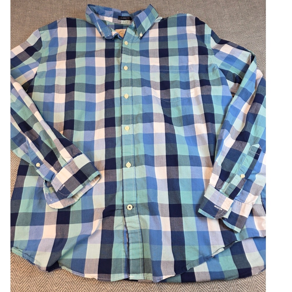 St Johns Bay Mens XL Classic Fit Blue Teal Plaid Cotton Button Down Shirt